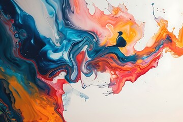 : A bold and abstract representation of liquid or fluid substances, with a rich and vibrant color palette, set against a stark white background