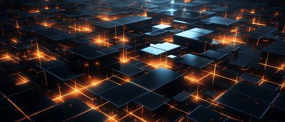 High-tech 3D squares integrating into a dark-toned, geometric security system,