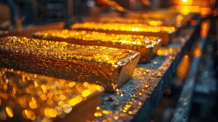 Gold Refinery Workers Meticulously Crafting Pure Bullion Bars - obrazy, fototapety, plakaty