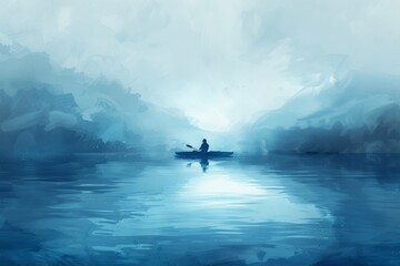 Fototapeta premium An abstract illustration depicts a lone adventurer in a canoe, drifting across the vast ocean, pondering solitude and inner exploration.