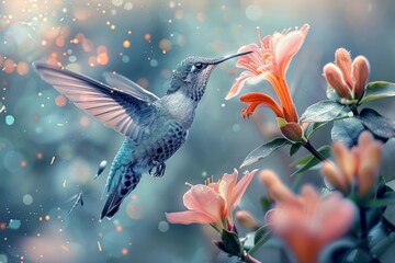 An incredible luxury photo of a hummingbird in flight near a flower.