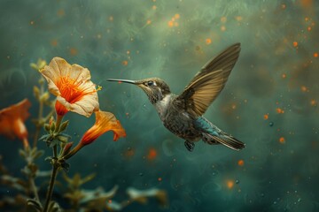 Fototapeta premium An incredible luxury photo of a hummingbird in flight near a flower.