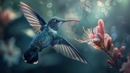 Naklejka premium An incredible luxury photo of a hummingbird in flight near a flower.