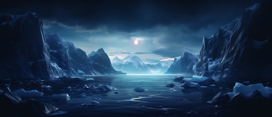 Geometric icebergs in a dark sea, realistic 3D minimalist art,