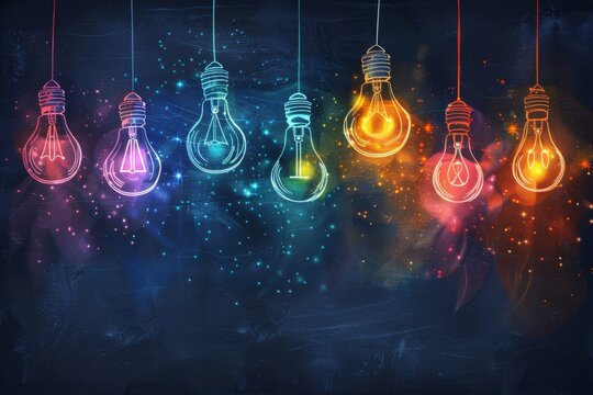 A blackboard serves as the backdrop for colorful light bulbs, embodying creativity, idea generation, and innovation in a visually striking concept.






