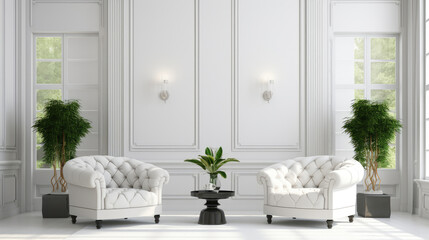 Two white tufted armchairs in white room with high ceiling. Interior design of modern living room. Generative AI