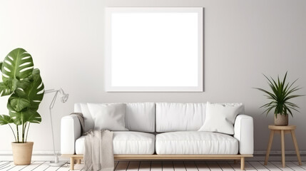 Blank mock up frame and poster. Boho style Interior design of modern living room. technology. Generative AI