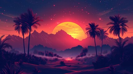 A digital illustration captures a desert sunset landscape, complete with palm trees and mountains, evoking a retro 80s vibe with its distinctive style.






