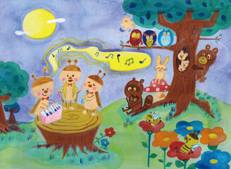 虫が演奏会を開いているイラスト