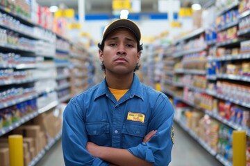 Fototapeta na wymiar portrait of a general worker at supermarket aisle