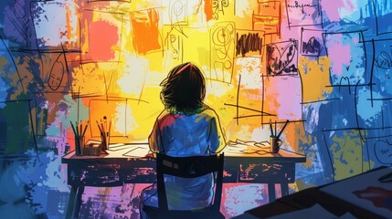 A person sitting at a small table surrounded by pencils and paints intently creating visual representations of their story onto a large storyboard. .