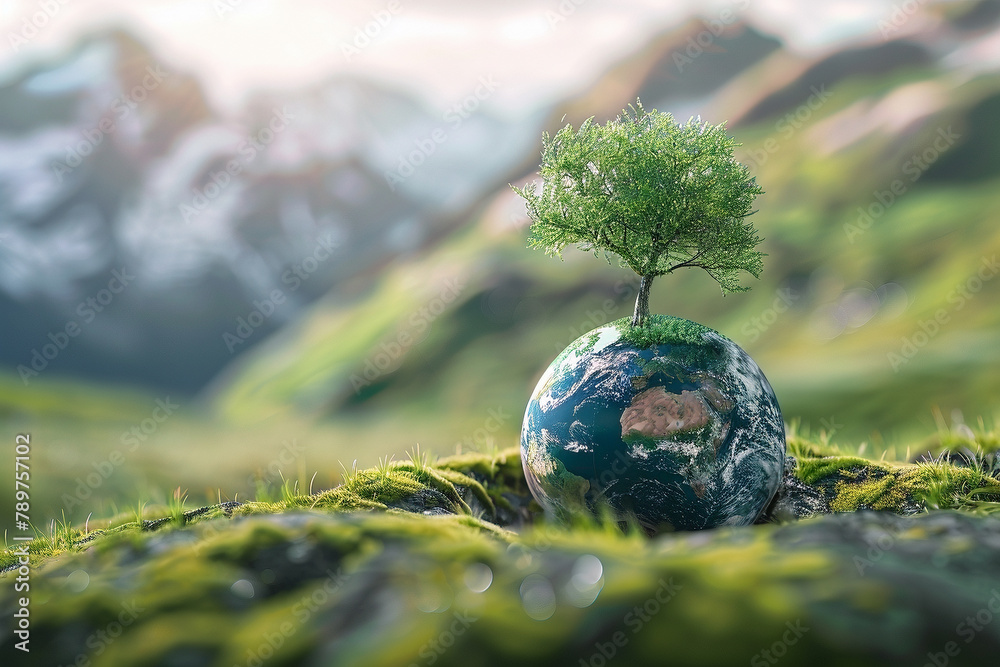 Wall mural An image of a tree on a planet on a grassland - Generative AI