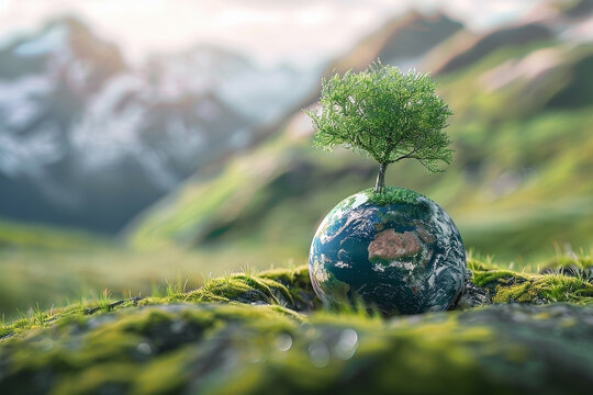 An image of a tree on a planet on a grassland - Generative AI
