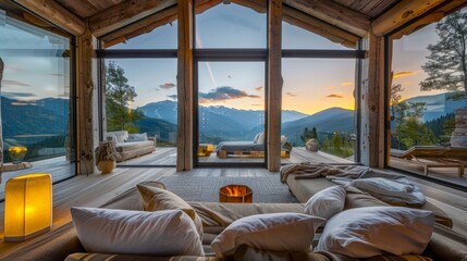 Fototapeta premium Savor the crisp mountain air while drifting into a tranquil slumber coed in luxurious linens and surrounded by stunning alpine views. 2d flat cartoon.