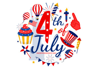 4th of July Happy Independence Day USA Vector Illustration with American Flag and Balloons in Flat National Holiday Cartoon Background Design