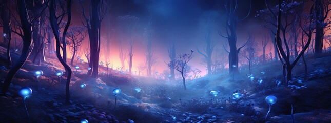 Future forest aglow with indigo frost, wide-angle, ethereal lighting, surreal 3D style,  - obrazy, fototapety, plakaty