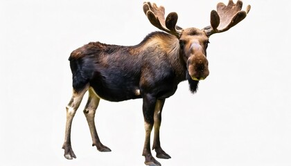 Moose - Alces alces - the worlds tallest, largest, heaviest species of deer and second largest land animal in North America and only species in the genus Alces. Standing isolated on white background