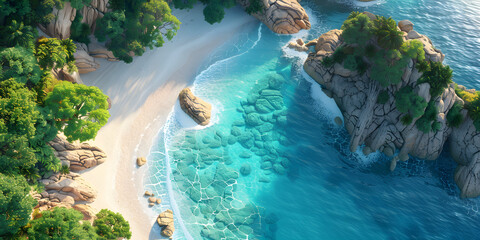 A 3D aerial illustration of a beautiful beach with blue ocean water, perfect for vacation and relaxation.