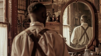 Naklejka premium Framed by an open doorway the barber stands in front of a mirror gazing at his reflection with a distant expression. The tools of his trade are tered around him a reminder of the long .