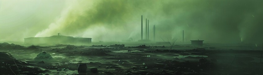 Toxic wasteland with green fog, drone view, post-apocalyptic style, 