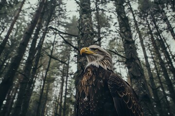 Regal Eagle Perched Amidst Enchanting Forest Canopy - obrazy, fototapety, plakaty