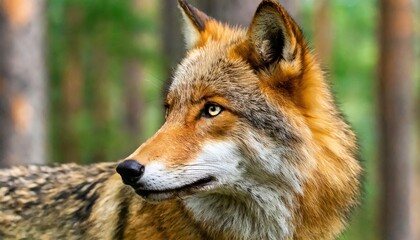 red wolf - Canis rufus - a canine native to the southeastern United States. Its size is intermediate between the coyote C. latrans and gray wolf - C. lupus - head and face view with tree and forest - obrazy, fototapety, plakaty