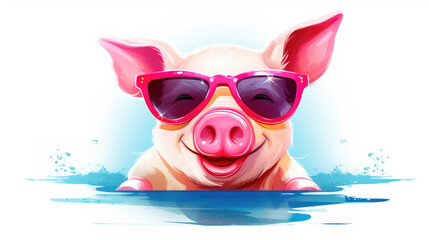 Funny cartoon party pig wearing pink sunglasses isolated over white background. Colorful joyful greeting card for birthday or other festive events. Generative AI