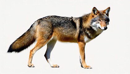 red wolf - Canis rufus - a canine native to the southeastern United States. Its size is intermediate between the coyote C. latrans and gray wolf - C. lupus - standing isolated on white background - obrazy, fototapety, plakaty