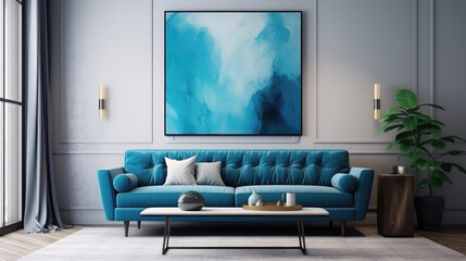 Blue loveseat sofa and big poster on the wall. Interior design of modern living room. Generative AI