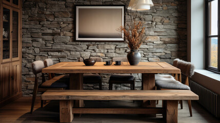 Rustic dining table and wooden bench. Interior design of modern dining room in country house. Generative AI