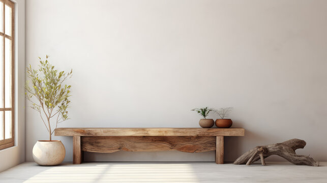 Rustic reclaimed wood trunk bench near stucco empty wall with copy space. Boho interior design of modern living room with window in farmhouse. Generative AI