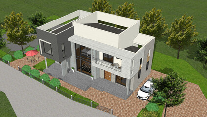 Architectural illustration of a single-family home with a high living room. Architectural rendering of a detached house with a good garden