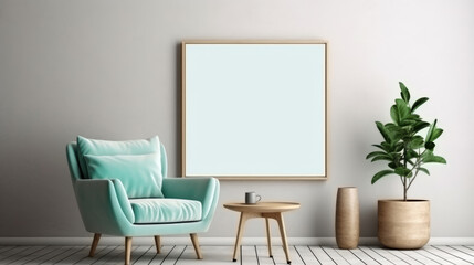 Turquoise blank poster on beige wall and armchair. Interior design of modern living room. Generative AI