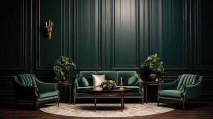 Green velvet sofa and armchairs in room with paneling walls. Interior design of neoclassical living room. Generative AI