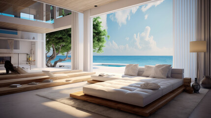 Fototapeta premium Interior design of modern living room in beach house. Generative AI