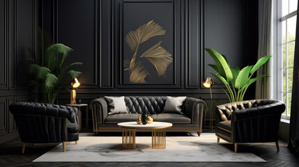 Art deco interior design of modern living room with black wall. Generative AI