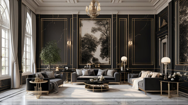 Neoclassical interior design of living room with black marble paneling wall. Generative AI