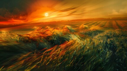 The sun dips below the horizon casting a warm orange light over the cornfields their stalks swaying like waves in the wind. Nature and technology merge in this expressionist vision .