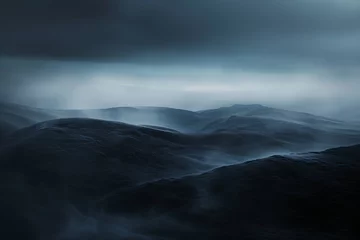 Foto op Plexiglas : A mysterious and abstract landscape with a dreamy and hazy horizon, set against a dark and monochromatic background © crescent
