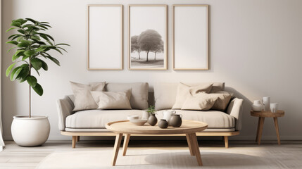 Beige sofa and wooden round coffee table against white wall with two frames. Scandinavian style home interior design of modern living room. Generative AI