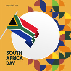 Obraz premium South Africa National Independence Day square banner. Modern geometric abstract background in colorful style for South Africa day. South Africa Independence greeting card cover with country flag.