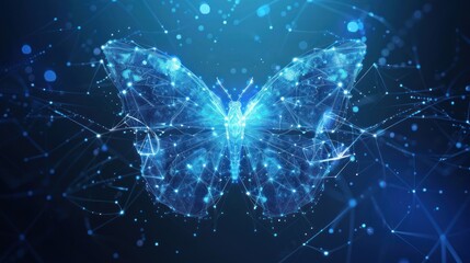 Naklejka na ściany i meble Flying butterfly on a blue retro styled background with silhouettes of plants. AI generated