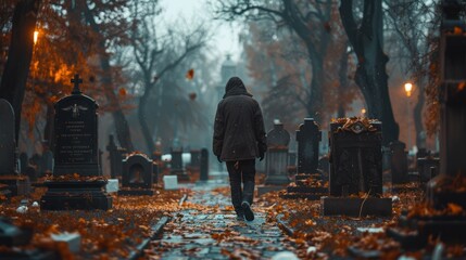 Solitude at the Cemetery: AI-Generated Rear View of a Lonely Person Visiting Relatives - obrazy, fototapety, plakaty
