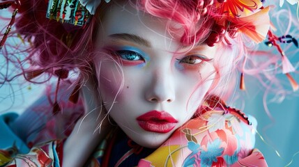Closeup of a fashion magazine featuring a fashion editorial inspired by popular manga and anime characters. The models are styled with bold and exaggerated makeup colorful wigs and .