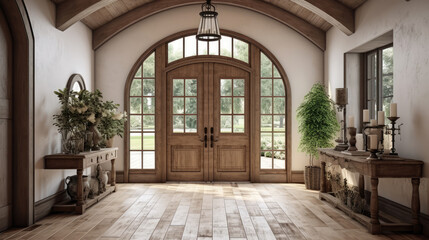 Timber beam ceiling and arched door in mediterranean style hallway. Interior design of modern rustic entrance hall with door in farmhouse. Generative AI