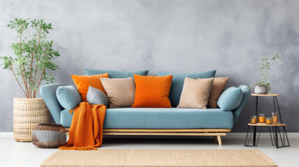 Rattan loveseat sofa with blue cushions and orange pillows and blanket. Scandinavian interior design of modern stylish living room. Generative AI