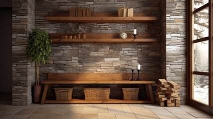 Hallway with wooden wall mounted shelf, lining ceiling and stone tiled floor. Rustic home interior design of modern entrance hall with door in farmhouse. Generative AI