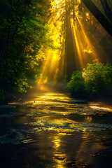 Golden Sunlight Bathing an Expansive Forest with a Tranquil River Flowing Through