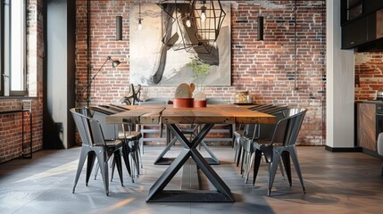 The dining area is defined by a large unfinished wooden table with geometric legs surrounded by mismatched chairs in different metal finishes. The exposed brick walls add a warm and .