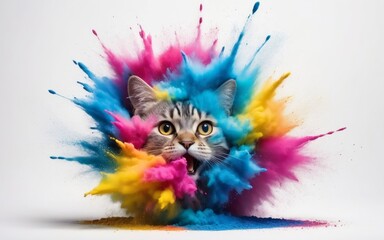 Abstract powder splatted in cat head colorful powder explosion on white background